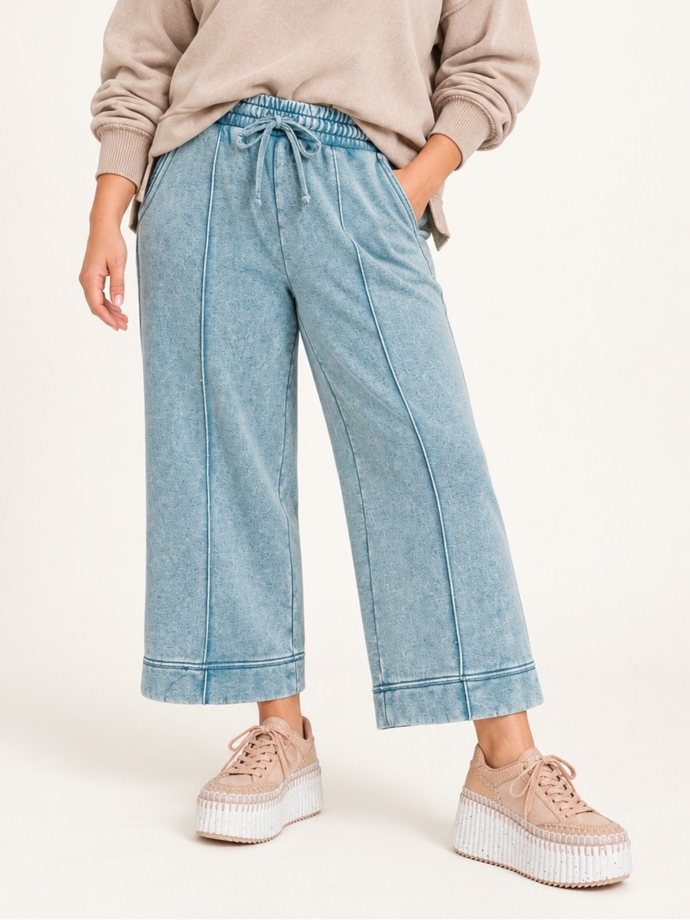 ZENANA Plus Size Blue Grey Acid Wash Wide Leg Cropped Fleece Pants